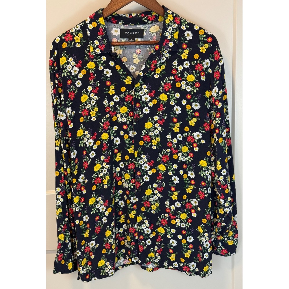 Mens PacSun Black Floral Long‎ Sleeve Button Up Shirt Size Medium